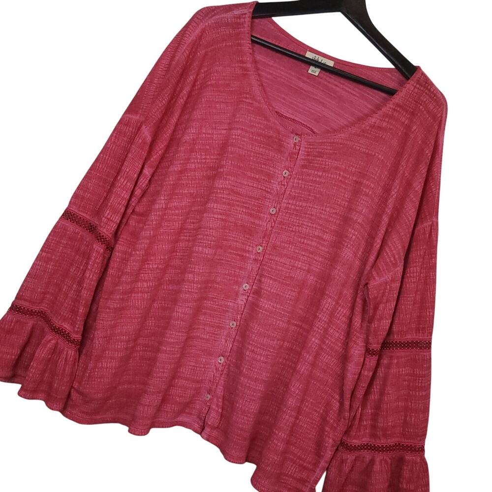 Style & Co Women's Gauze Button-Up Top Sz XL Crochet Long Bell Sleeves Red